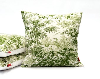 Green Toile Cushion - Farmhouse  Pillow - Waterbirds Decor - Throw Pillow Cover Handmade from Vintage Fabric by EllaOsix