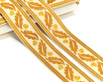 40mm Vintage Upholstery Trim Tape - Brown Oak Leaves with Goldenrod Acorns - French Jacquard Ribbon Trim