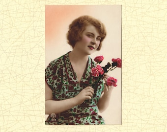 Frans Vintage Portret Briefkaart | Mooie dame met bloemen