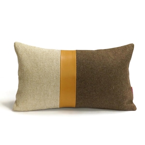 Woolen Lumbar Pillow cover with a Leather Accent Stripe 30x50 cm | 12x20&quot;
