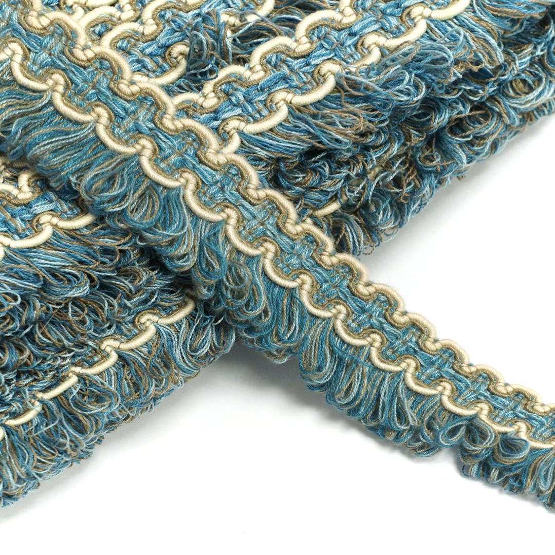 Vintage French Loop Fringe Trim: Blue, Gray, Cream - 1 5/8