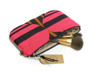 70s Retro Zipper Pouch – Large Mid-Century Fabric Makeup Bag, Travel Purse