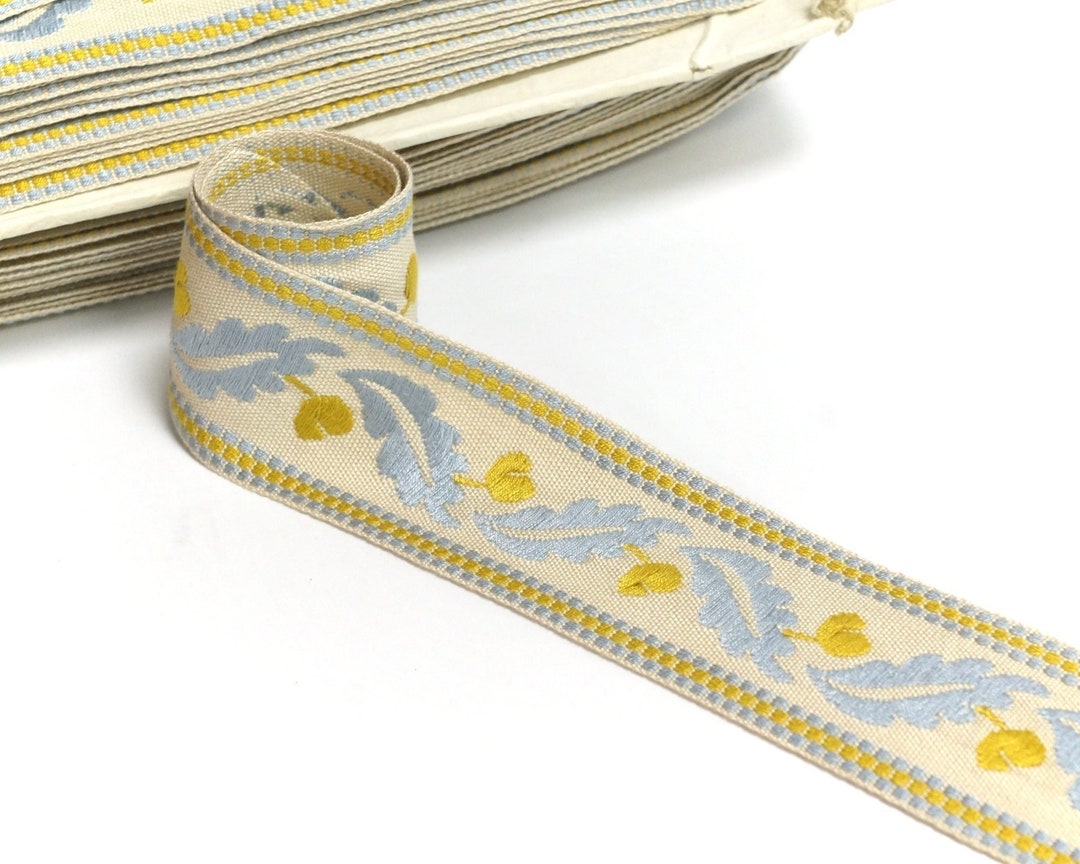 40mm Vintage Upholstery Trim Tape Light Blue Oak Leaves Mustard Yellow