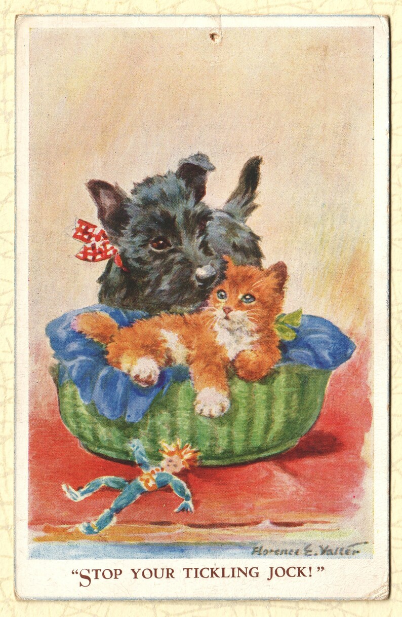 Florance E. Valter ansichtkaart jaren dertig Kat en Hond gesigneerde Valentine & sons serie No.4612 stop je kietelende jock afbeelding 2