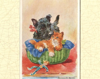 Florance E. Valter Postcard 1930s | Cat and Dog | signed Valentine & sons series No.4612 " stop your tickling jock"