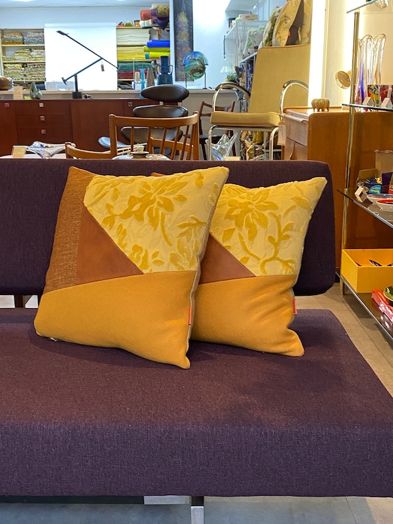 Leather Colorblock Pillow Decorative Design Cushion Cover in Yellow and Cognac 45x45 Cm 18x18 Handmade by Ellaosix Etsy Canada
