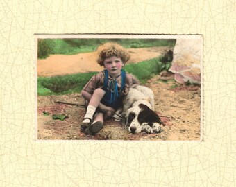 1930s French PostCard | Young Boy with Dog