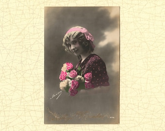 Early 1900s PostCard | Vintage Portrait | Lady with Flower Bouquet