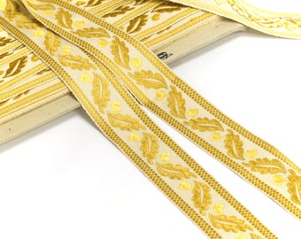 Vintage Upholstery Trim -  Goldenrod Oak Leaves and Yellow Acorns- Jacquard Ribbon Trim - 40 mm wide