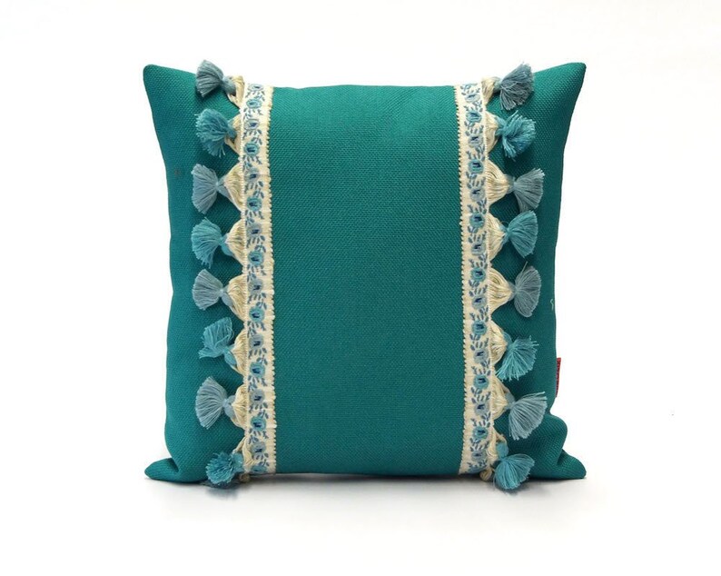 Teal Fringe Pillow Tassel Cushion 70s Throw Pillow Cover Etsy