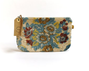 Large Velvet Zipper Pouch - Makeup Bag - Blue Floral Accessories Bag Handmade by EllaOsix