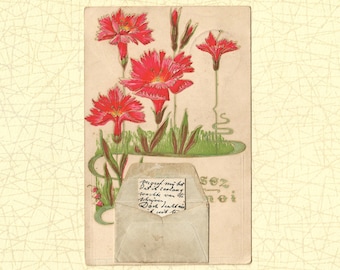 Floral geprägte antike Postkarte 1911 verschickt mit kleinem Umschlag und Kleinbrief