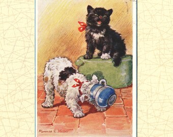 Florance E. Valter Postcard 1930s | Cat and Dog | signed Valentine & sons series No.2863