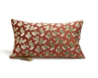 Vintage Cut Velvet Lumbar pillow Cover in Brick and Pink Handmade by EllaOsix