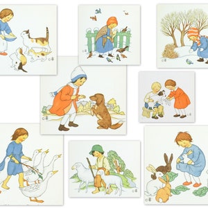 Cartes de prière vintage Ida Bohatta des années 1950 - Enfants et animaux - Cartes à collectionner - ensemble de 8 cartes série 2885