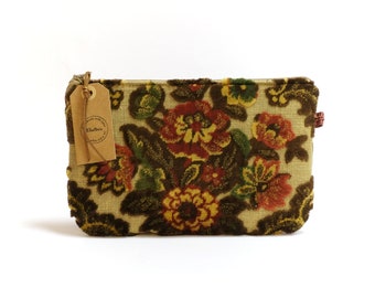 Large Brown Velvet Zipper Pouch -  Floral Makeup Bag - Accessories Bag Handmade by EllaOsix