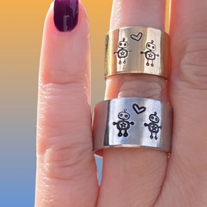 Robot Love - hand stamped silver or gold adjustable ring