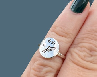 Shark and stars sterling silver midi ring