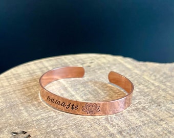 Sample Sale - Namaste hand stamped cuff bracelet - copper bracelet - lotus flower