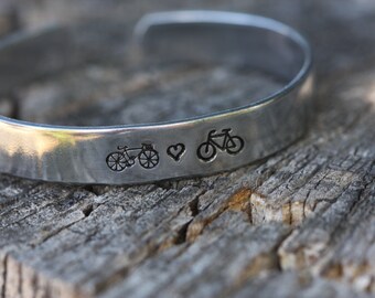 Bike Love, hand stamped silver cuff bracelet