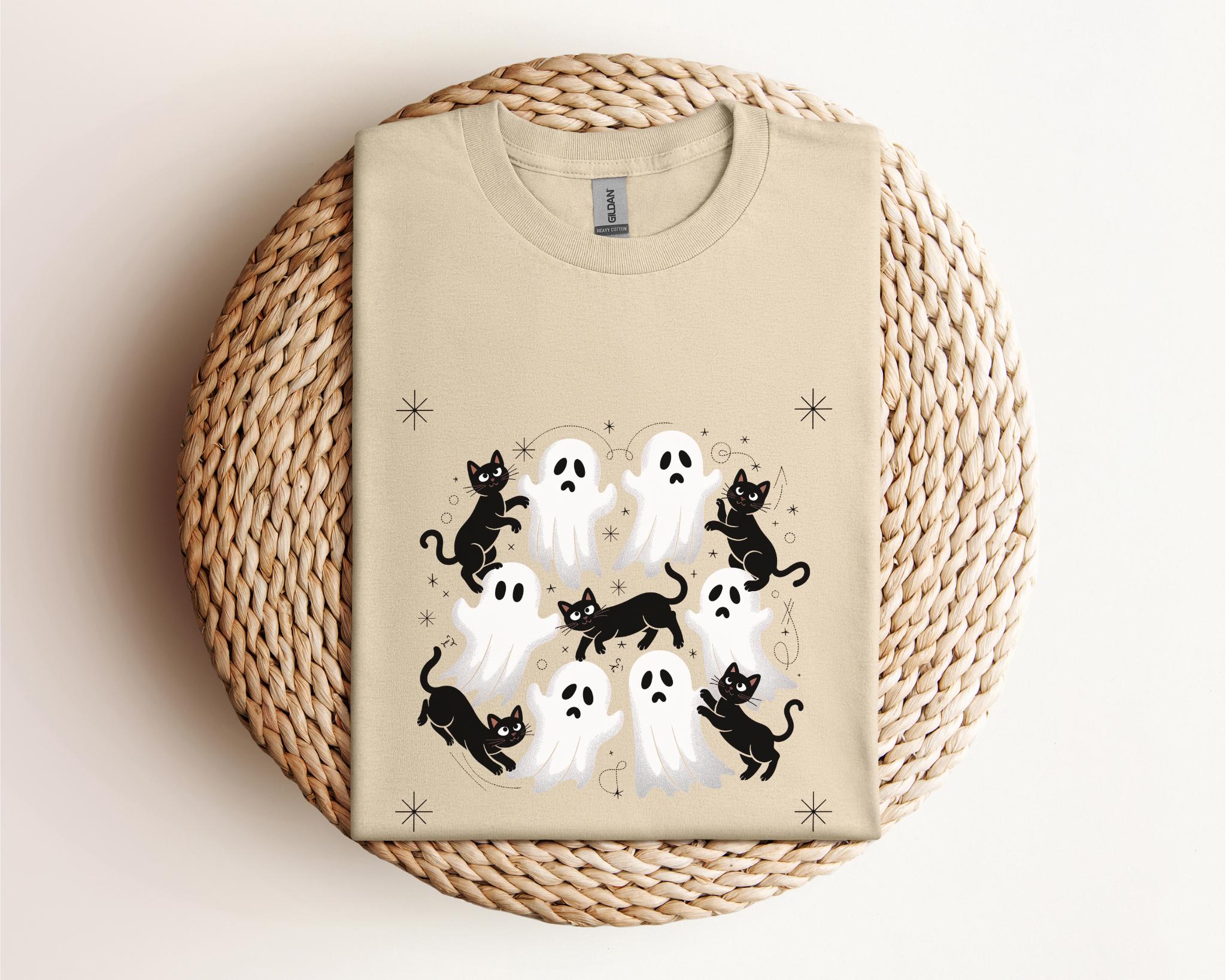 Halloween Cats and Ghosts T-Shirt, Cute Spooky Graphic Tee, Black Cat Shirt, Cat Lover Gift, Ghost Cat T-Shirt, Cat Owner Gift, Halloween