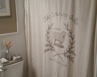 Custom Canvas Fabric Window or Bath Shower Curtain - Primitive Country Farmhouse Style - Hand Painted SHEEP WOOL MILL Design
