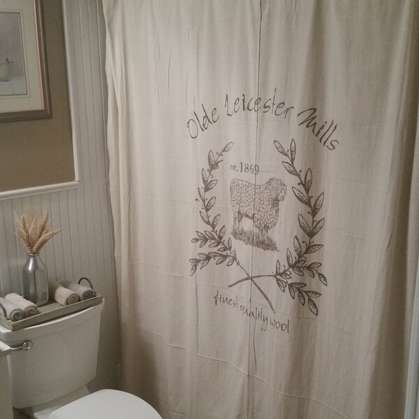 Custom Canvas Fabric Window or Bath Shower Curtain - Primitive Country Farmhouse Style - Hand Painted SHEEP WOOL MILL Design