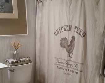 Custom Canvas Fabric Window or Bath Shower Curtain - Primitive Country Farmhouse Style - Hand Painted CHICKEN FEED Design