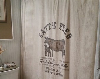Custom Canvas Fabric Window or Bath Shower Curtain - Primitive Country Farmhouse Style - Hand Painted MILLED CATTLE FEED Design