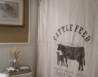 Custom Canvas Fabric Window or Bath Shower Curtain - Primitive Country Farmhouse Style - Hand Painted CATTLE FEED Design