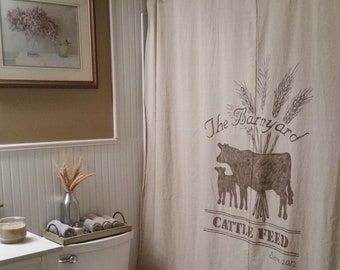 Custom Canvas Fabric Window or Bath Shower Curtain - Primitive Country Farmhouse Style - Hand Painted CATTLE FEED w/OATS Design