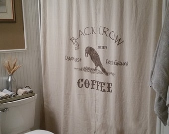 Custom Canvas Fabric Window or Bath Shower Curtain - Primitive Country Farmhouse Style - Hand Painted BLACK CROW COFFEE Design