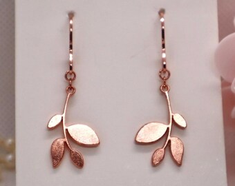 Rose Gold Leaf Earrings, French Hook Sloped Ear Wires, Elegant, Modern Metal Leaves, Nature Theme, Classical