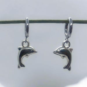 Dolphin Huggie Earrings, Elegant Silver, Summer Season, Ocean, Marine, Dainty Drop Earrings, Nature, Sea Life