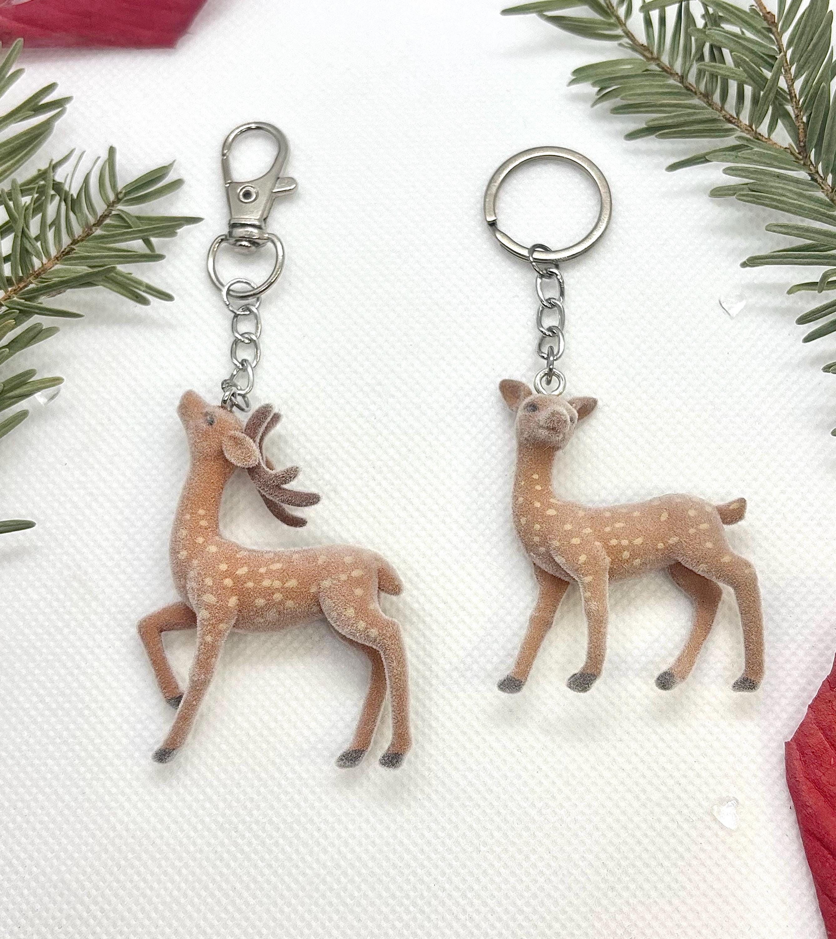 Reindeer Keychain, Soft Charm, Fuzzy, Sika Deer, Autumn, Spring, Stainless Steel, Fall & Winter, Split Ring, Lobster Clasp, Bambi Inspired