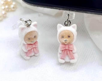 Baby Bear Phone Anti-Dust Plug, Pink Coquette Cute, Fuzzy, Type C, Lightning, Android Micro, Bowknot Cat Teddy Charm
