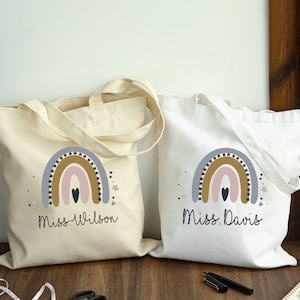 Custom Teacher Name Bag, Teacher Appreciation Gift, Personalized Teacher Tote, Canvas Tote Teacher Gifts, Boho Rainbow Tote Bag