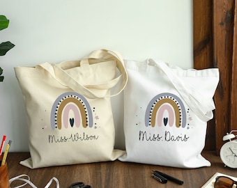 Custom Teacher Name Bag, Teacher Appreciation Gift, Personalized Teacher Tote, Canvas Tote Teacher Gifts, Boho Rainbow Tote Bag