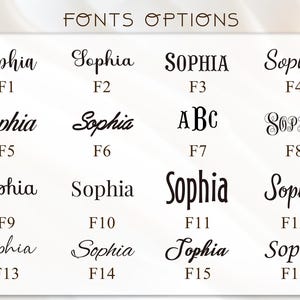 May include: A selection of 16 different font styles for the name "Sophia", labeled F1 through F16. The fonts vary in style, from elegant cursive to bold, block lettering. The text "FONTS OPTIONS" is at the top.