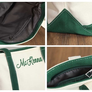 Peut inclure: Un sac fourre-tout en toile blanche avec des finitions vertes et une poche zipp&eacute;e. Le sac porte un nom brod&eacute; en vert "McKenna" sur le devant.