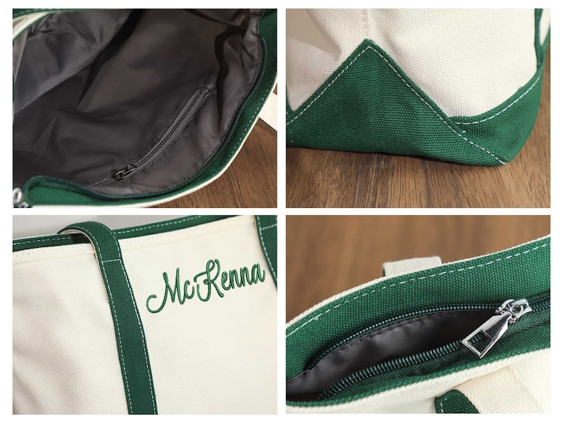 Peut inclure: Un sac fourre-tout en toile blanche avec des finitions vertes et une poche zipp&eacute;e. Le sac porte un nom brod&eacute; en vert "McKenna" sur le devant.
