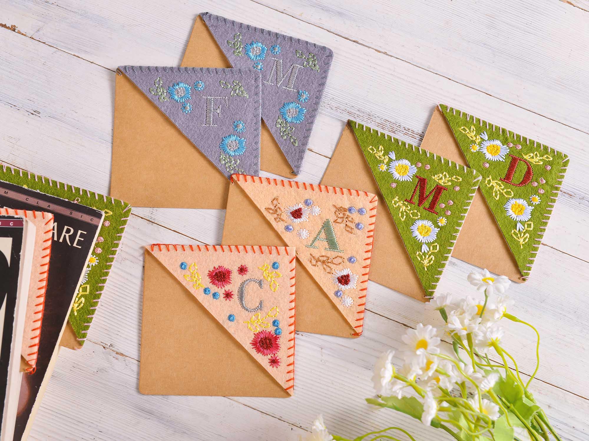 Custom Hand Embroidered Corner Bookmarks, Felt Triangle Page Stitched ...