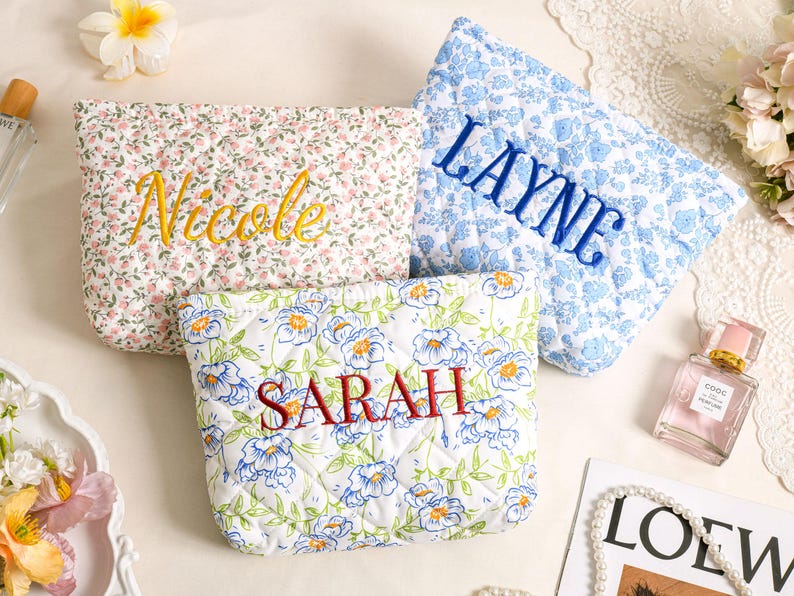 Personalized Embroidered Makeup Bag,Custom Makeup Bag,Floral Cosmetic Bag,Travel Makeup Pouch, Women Toiletry Bag,Bridesmaid Gift image 14