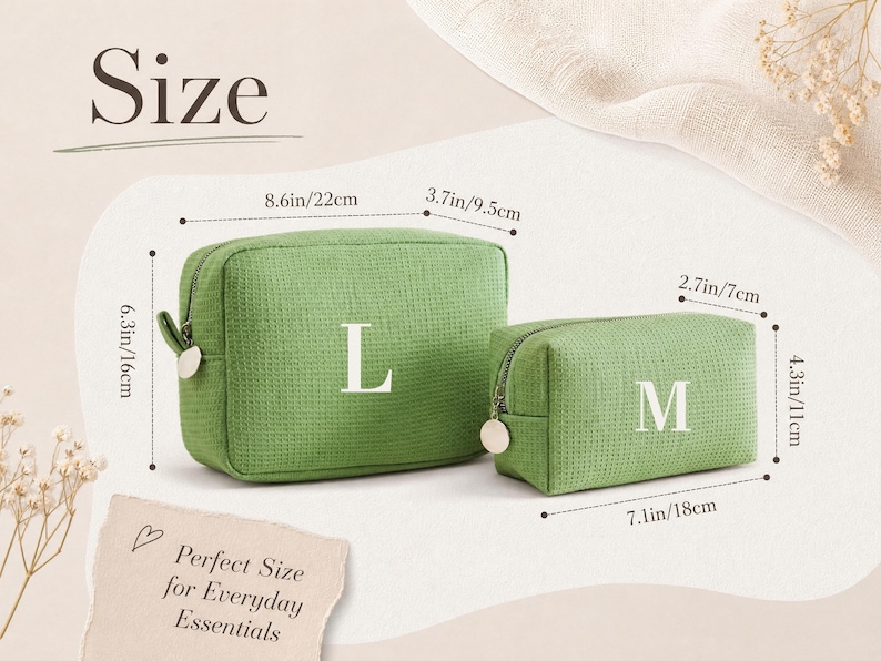 May include: Two green textured fabric pouches with zipper closures. The larger pouch is labelled with an L and measures 22 cm by 16 cm by 9.5 cm. The smaller pouch is labelled with an M and measures 18 cm by 11 cm by 7 cm.