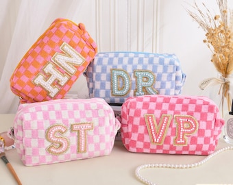 Personalized Checkered Makeup Bag,Monogram Makeup Bag,Makeup Organizer,Cosmetic Bag,Bridesmaid Gift,Bachelorette Party Favors,Gift for Women