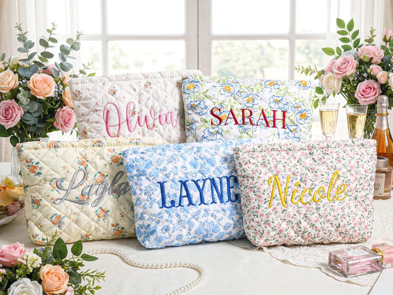 Personalized Embroidered Makeup Bag,Custom Makeup Bag,Floral Cosmetic Bag,Travel Makeup Pouch, Women Toiletry Bag,Bridesmaid Gift image 4