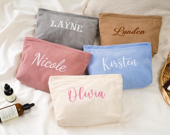 Bolsa de maquillaje de pana bordada personalizada, bolsa de cosméticos con letras, regalo de propuesta de dama de honor, regalo de despedida de soltera, bolsa de maquillaje personalizada
