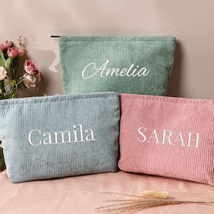 Bolsa de maquiagem personalizada de veludo cotelê bordado, bolsa de cosméticos com letras, presente para pedido de casamento, presente para despedida de solteira, bolsa de maquiagem personalizada