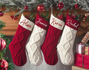 Personalized Knitted Christmas Stocking, 2024 Embroidered Xmas Stockings with Name, Monogram Stockings, Holiday Stocking, Family Stockings