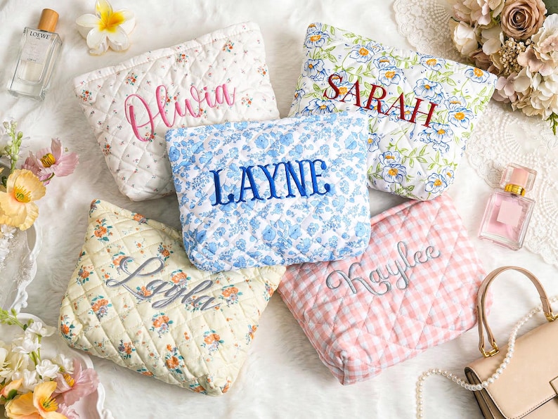 Personalized Embroidered Makeup Bag,Custom Makeup Bag,Floral Cosmetic Bag,Travel Makeup Pouch, Women Toiletry Bag,Bridesmaid Gift image 3